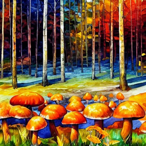 Image similar to A watercolor painting by Afremov of a psychedelic orange and blue mushroom growing on the ground in the middle of a forest.