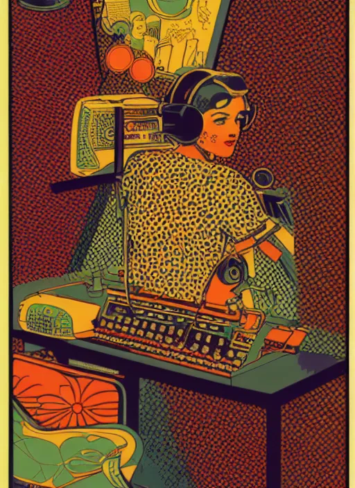 Prompt: A beat producer, screen print, art by Chuck Sperry, vintage 1960s print, minamilst