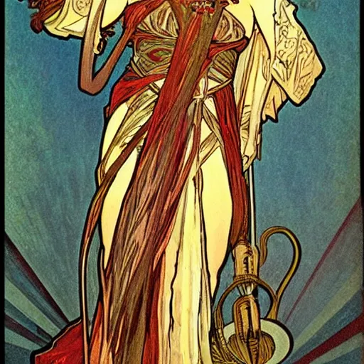 Image similar to legendary warrior, painted by alphonse mucha