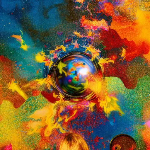 Image similar to color powder explosion on top of baroque renaissance painting, particles, fine detail, damien hirst and jackson pollock and james jean, golden ratio, fractal, sharp focus, artstation