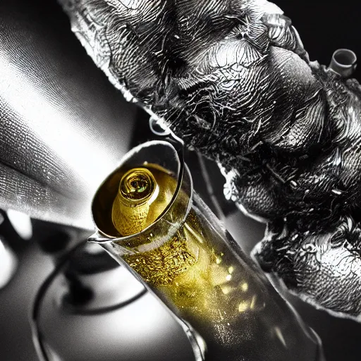 Prompt: hop cone juice, new england ipa, highly detailed silver nitrate photo, light gold accents, smoky bar, black and white, intricate complexity, horror, trending on art station, photoreal, 8 k, octane render