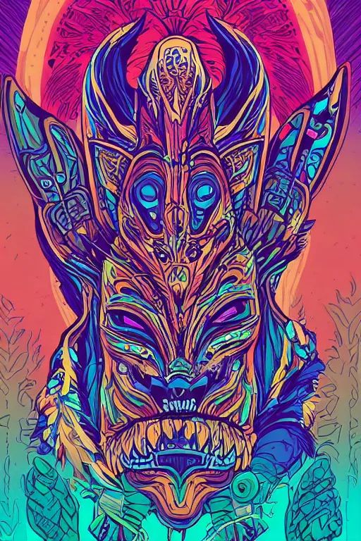 Image similar to totem animal mask tribal feather gemstone plant wood rock shaman vodoo video game vector illustration vivid multicolor borderlands comics by josan gonzales and dan mumford radiating a glowing aura