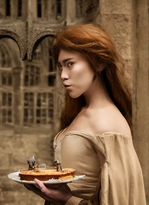 Image similar to closeup profile face portrait of a medieval goblin eating cakes in the cloisters, depth of field, zeiss lens, detailed, symmetrical, centered, fashion photoshoot, by by hyung tae, frank frazetta, bosch, giger, breathtaking, 8 k resolution, extremely detailed, beautiful, establishing shot, artistic, hyperrealistic, beautiful face, octane render