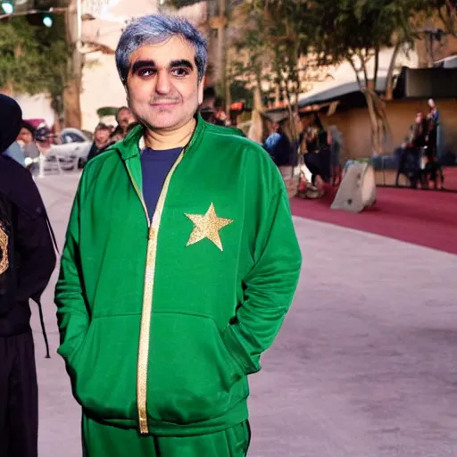 Prompt: jafar panahi wearing a green tracksuit and gold necklace with large star shaped gold medallion