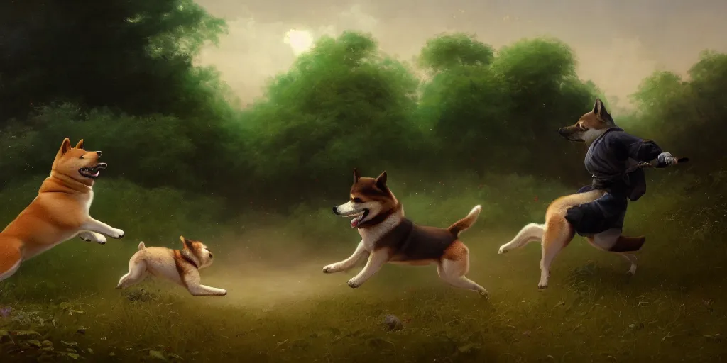 Prompt: a shiba inu fighting a dog on a path in a field, greek mythology, extremely detailed digital painting, in the style of goya and ruan jia and jeremy lipking and peter mohrbacher, mystic colors, edge light, beautiful lighting, 4 k, dazzling scene, ray tracing, octane, trending on artstation