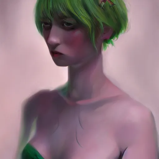Prompt: a portrait of an intensely lit monstruous insect girl modeling, green, oil painting, pale colors, high detail, 8 k, wide angle, trending on artstation,