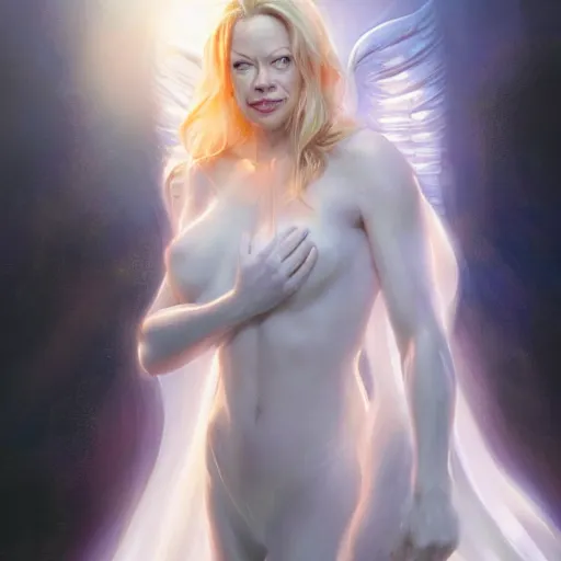 Image similar to Portrait of Jeri Ryan as a beautiful pale laughing angelic maiden with angel wings, and a glowing halo, white lighting, digital art by Ruan Jia and Mandy Jurgens and Artgerm, highly detailed, trending on artstation, award winning,