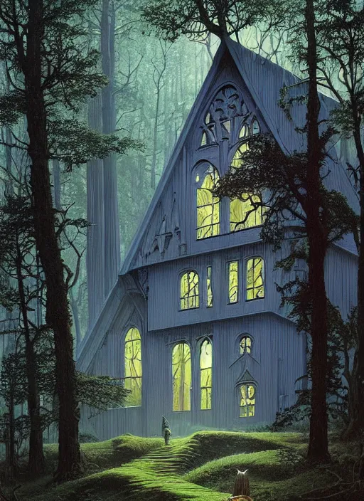 Image similar to hyper realistic witchy modern gothic house with mood lighting and tech in the woods gorgeous lighting, sunbeams blue sky, highly detailed, lush forest foliage painting by zdzisław beksinski and norman rockwell and greg rutkowski weta studio, and lucasfilm