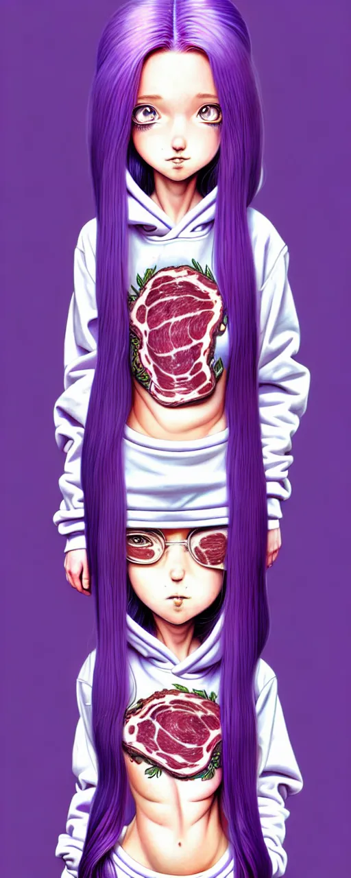 Prompt: richly detailed colored pencil 3D illustration of a singular beautiful female butcher with long purple hair wearing a hoodie and short shorts, she staring at the camera happily. mirrored background with completely rendered reflections, art by Range Murata and Artgerm.