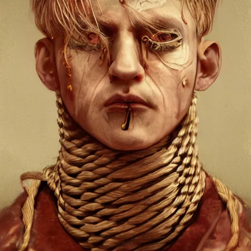 Image similar to portrait of a Shibari rope wrapped face and neck, headshot, insanely nice professional hair style, dramatic hair color, digital painting, of a old 15th century, old cyborg merchant, amber jewels, baroque, ornate clothing, scifi, realistic, hyperdetailed, chiaroscuro, concept art, art by Franz Hals and Jon Foster and Ayami Kojima and Amano and Karol Bak,