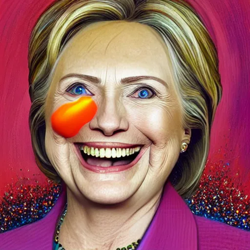 Image similar to portrait of president hillary clinton as a smiling laughing bright orange lizard person with bumpy skin, airbrush painting, hyper detailed, 8 k, photorealism, rule of thirds, glitter.