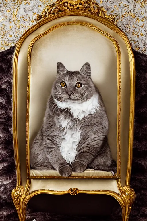 Prompt: a silver gelatin photo portrait of a magnificent fluffy fat royal cat on an embroidered velvet cushion on a neo - rococo gilded little bed, by david lachapelle, photorealistic, photography, wide shot