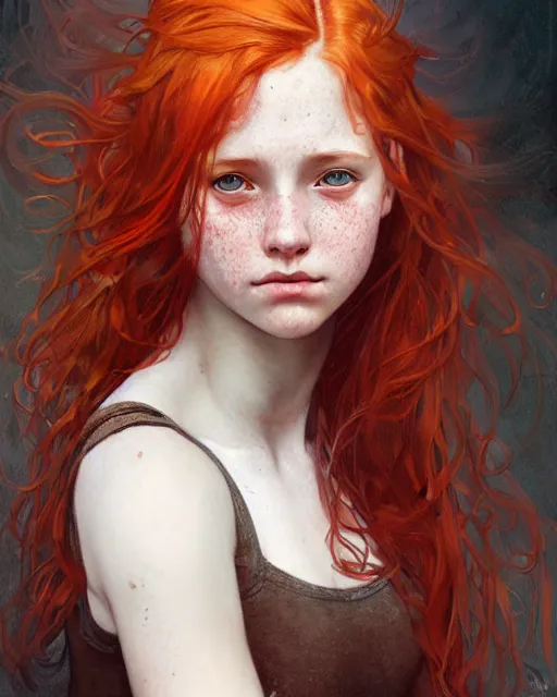 Prompt: portrait of 1 4 - year - old girl with flaming red hair, a lot of freckles, and bright brown eyes, hyper realistic face, beautiful eyes, fantasy art, in the style of greg rutkowski, intricate, alphonse mucha, hyper detailed, smooth