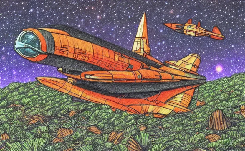 Image similar to intricately detailed color pencil drawing, retro spaceship crash landed on an alien forest landscape