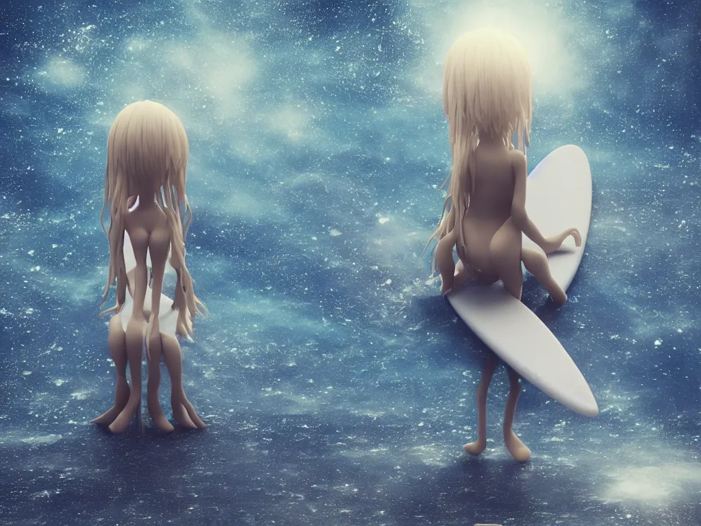 Prompt: cute fumo plush gothic maiden alien girl sitting on a surfboard in the waves of the dark galactic abyss, ocean waves and reflective splashing water, vignette, vray