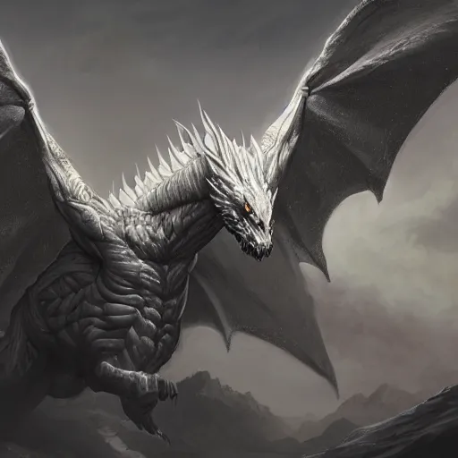 Prompt: adult white dragon portrait, muscular, massive wings, wide angle, greg rutkowski, drark, marvel comics, dark, plutus su, chris scalf, lucas graciano, billy christian, symmetrical features, snowy mountains, small city, grey and gold color palette, painting, d & d, fantasy, storm clouds