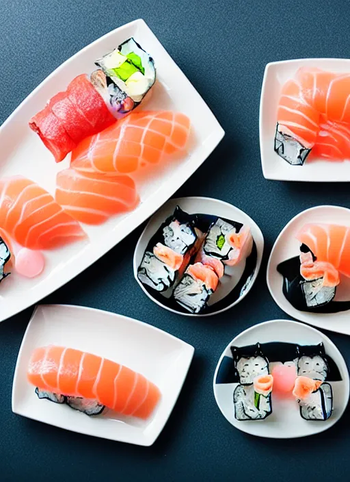 Prompt: clear photograph of cute cats eating sushi from sushi plates