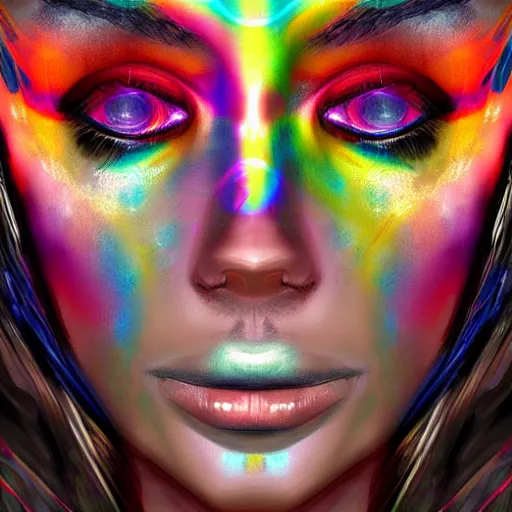 Prompt: of a fantasy close up of a face with lots of colors and rays and strands digital art, concept eclectic, high detail