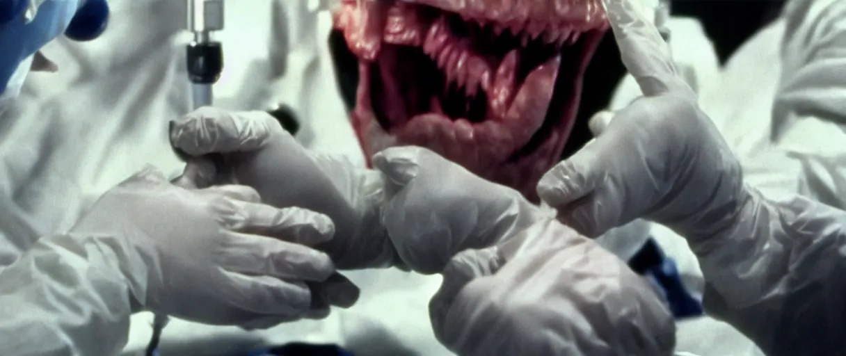 Prompt: filmic dutch angle extreme closeup movie still 4 k uhd 3 5 mm film color photograph of hands wearing surgical gloves being bitten by a dangerous re - animated alien specimen in a lab