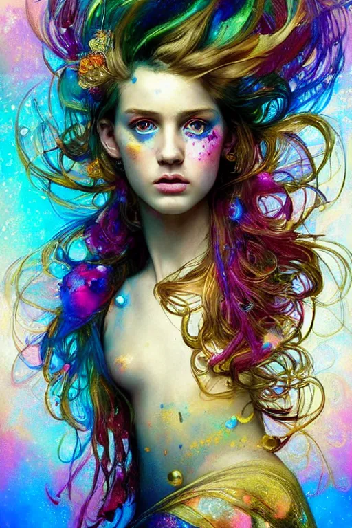 Image similar to modern portrait of triton, rainbow colours, splatter paint, dreamy and ethereal, golden ratio, peaceful expression, ornate frilly dress, fantasy, intricate, elegant, black background highly detailed, digital painting, artstation, concept art, smooth, b sharp focus, illustration, art by patrice murciano, artgerm and greg rutkowski and alphonse mucha