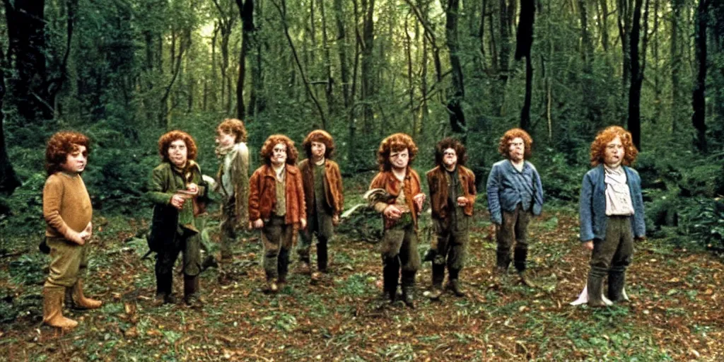 Prompt: A full color still from a Stanley Kubrick film featuring four hobbits, from behind, in a dark forest, 35mm, 1975