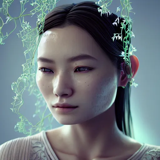 Prompt: intricate highly detailed face portrait of asian - european woman, light purple mint water vines on her face, intricate, cgsociety, unreal engine, octane render, sharp focus, smooth, volumetric lighting, cinematic composition, artstation