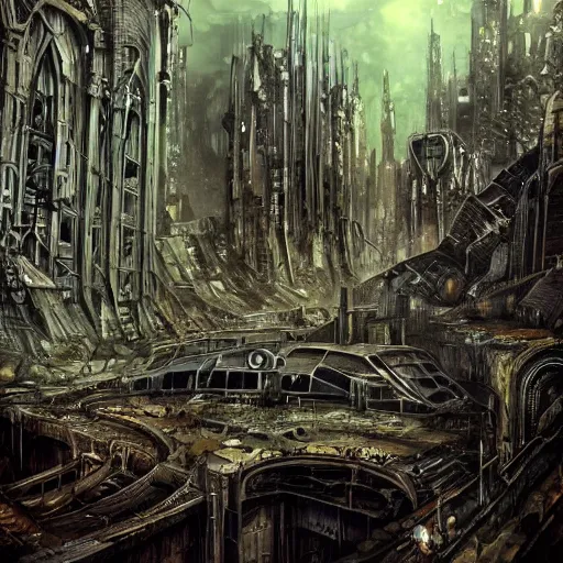 Image similar to abandoned ruined futuristic mega city, gothic art, color, detailed, eerie, emotional, sad, highly detailed, sharp focus, motherboard, Artstation, deviantart, artgem, golden ratio, n the style of Heavy Metal Comics