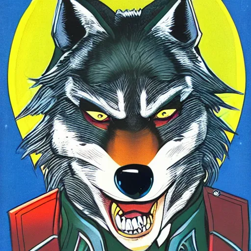 Image similar to 1 9 8 0 s comic book cover scan featuring a portrait of villain male wolf o'donnell anthropomorphic wolf furry fursona from starfox wearing a dark space mercenary uniform, dark grey wolf, handsome eyes, wolf o'donnell