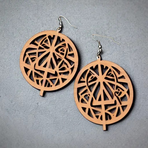 Image similar to 2 d wood lasercut earrings, mystical symbols, 8 k, hd, trending on amazon on artstation, trending on deviantart, trending on etsy, epic digital art