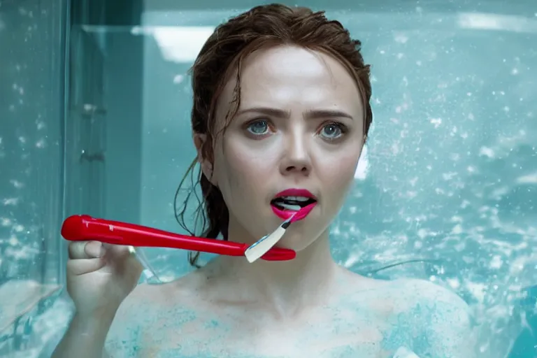 Prompt: close up of scarlet johannson as a female android scrubbing the pool with a toothbrush, high resolution film still, 4 k, hdr color