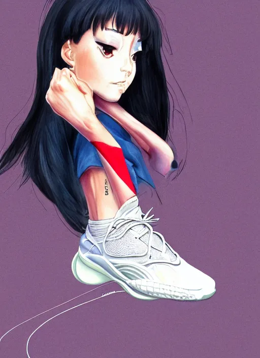 Prompt: a fashion illustration of a futuristic tennis girl wearing yeezy 5 0 0 sneakers and an anorak inspired in inuyasha by brian froud and frank frazetta