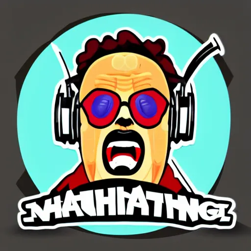 Image similar to svg vector sticker of absolutely insane-mad-scientist-villain, rocking out, wearing headphones, huge speakers, dancing, rave, DJ, spinning records, digital art, amazing composition, rule-of-thirds, award-winning, trending on artstation, featured on deviantart