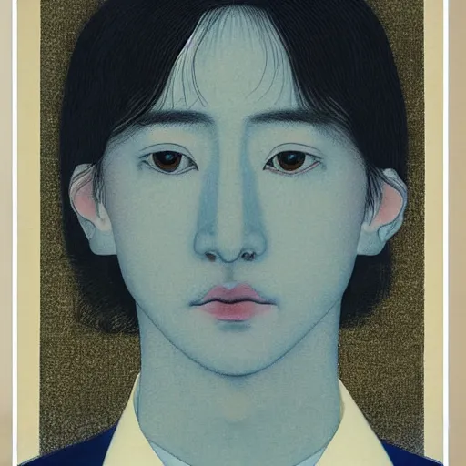 Image similar to “ matthew smith portrait by ikenaga yasunari and ayana otake and ko rakusui, 6 0 s poster, drawing, realistic, sharp focus, japanese, dreamy, nostalgia, faded, golden hues, floral clothes, porcelain skin ”