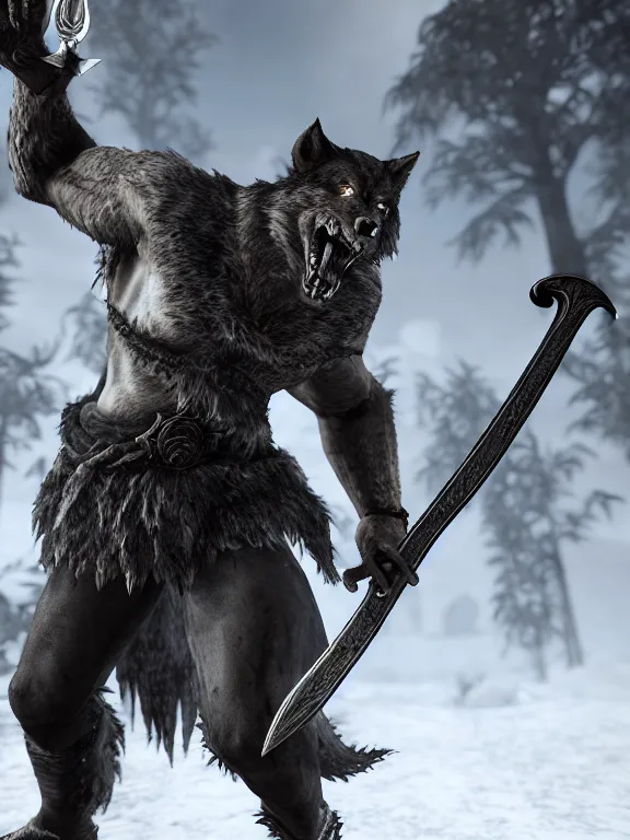 Image similar to cute handsome cuddly burly surly relaxed calm timid werewolf from van helsing holding a sword unreal engine hyperreallistic render 8k character concept art masterpiece screenshot from the video game the Elder Scrolls V: Skyrim