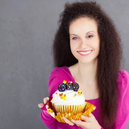 Prompt: woman holding a cupcake