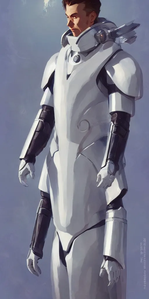 Image similar to a man with a futuristic white space armor, in the style of studio ghibli, j. c. leyendecker, greg rutkowski, artem