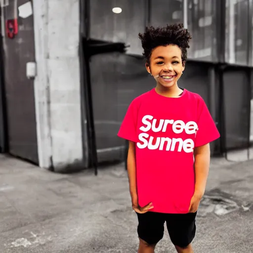 Image similar to short kid wearing a supreme shirt, detailed, studio