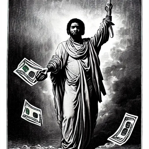 Image similar to highly accurate fredo santana rapper holding stacks of cash, biblical image, style of gustave dore, highly detailed, beautiful, high contrast, black and white