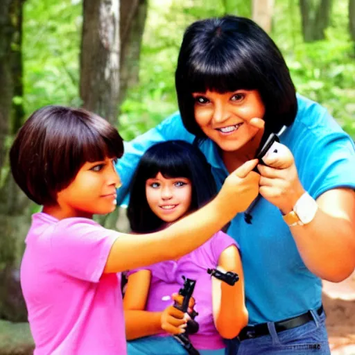 Prompt: Dora the explorer teaching how to use a gun