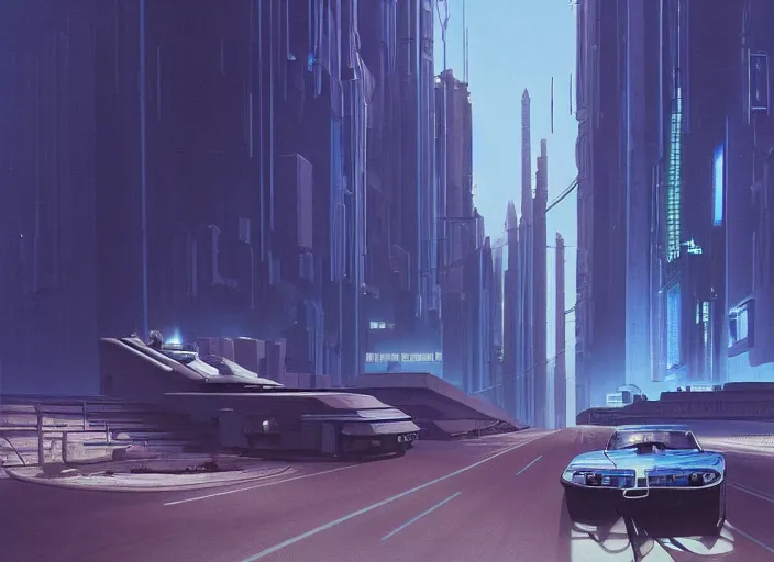 Prompt: a blue car driving down a street next to tall buildings, cyberpunk art by Chesley Bonestell, cgsociety, retrofuturism, matte painting, reimagined by industrial light and magic