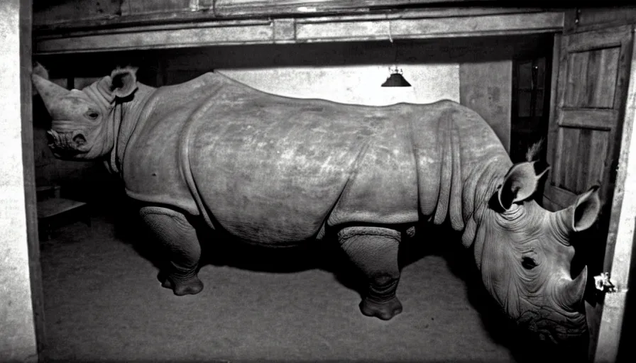 Image similar to a rhinoceros in a stalinist style kitchen, by mini dv camera, very very low quality, heavy grain, very blurry, accidental flash, webcam footage, found footage, security cam, caught on trail cam