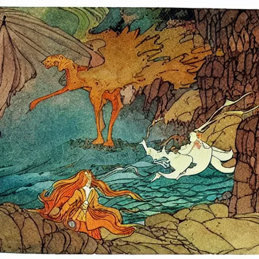 Image similar to an extremely colorful depiction of the wave scene from peter beagle ’ s the last unicorn, from a book of fairy tales illustrated by edmund dulac