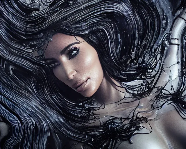 Image similar to epic full shot still of kim kardashian unconscious wearing a black lace dress in a transparent alien liquid, wet flowing hair, gooey skin, illustration, unreal engine 5, 8 k, made by h. r. giger.