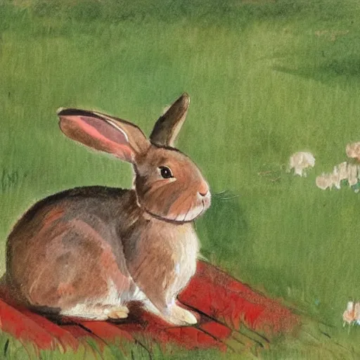 Image similar to a rabbit sitting in front of a swedish red cottage, in the style of anders zorn