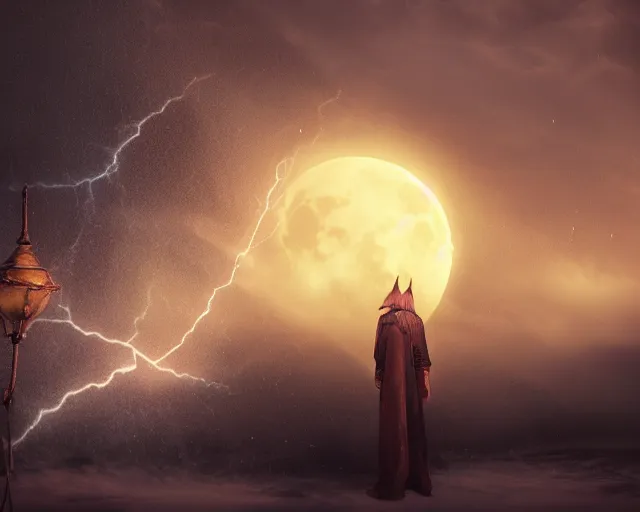 Image similar to Wizard controlling the storm with magic, fantasy, medieval, night, red moon, epic, hyper-relistic, realistic, 8k