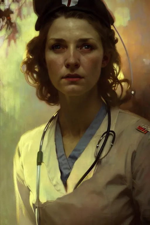 Prompt: hyperrealist portrait of a ww 2 female nurse by jeremy mann and alphonse mucha, fantasy art, photo realistic, dynamic lighting, artstation, poster, volumetric lighting, very detailed faces, 4 k, award winning