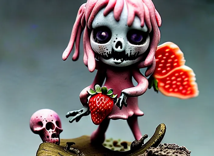 Prompt: a very sad femo figurine of a cute funny undead strawberry fairy zombie with bandages wearing a dirty floral torn strawberry dress featured on dark souls by beksinski and gamesworkshop, carrying survival gear, wearing strawberry backpack, shambling aimlessly in the night, dark melancholic atmosphere, 🎀 🧟 🍓 🧚