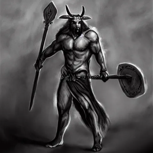 Image similar to a noble, fierce Minotaur warrior with black fur, carrying a battleaxe, fantasy drawing, concept design