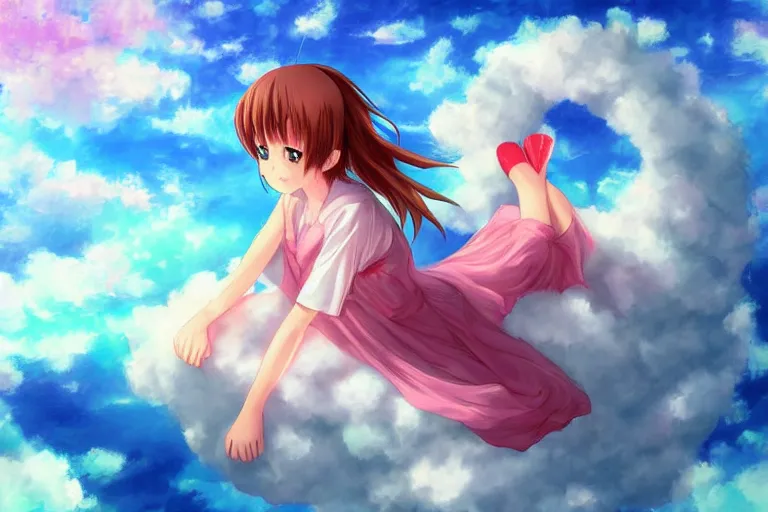 KREA - a cute beautiful anime girl sitting on a cloud relaxing