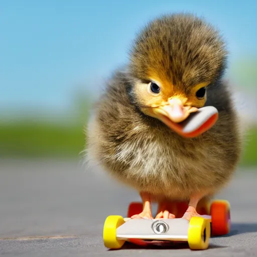 Image similar to a baby chick riding a skateboard